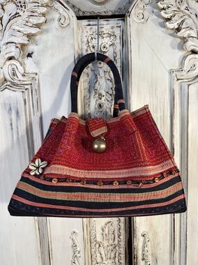 Vintage Boho Red Woven Structured Small Tote Bag